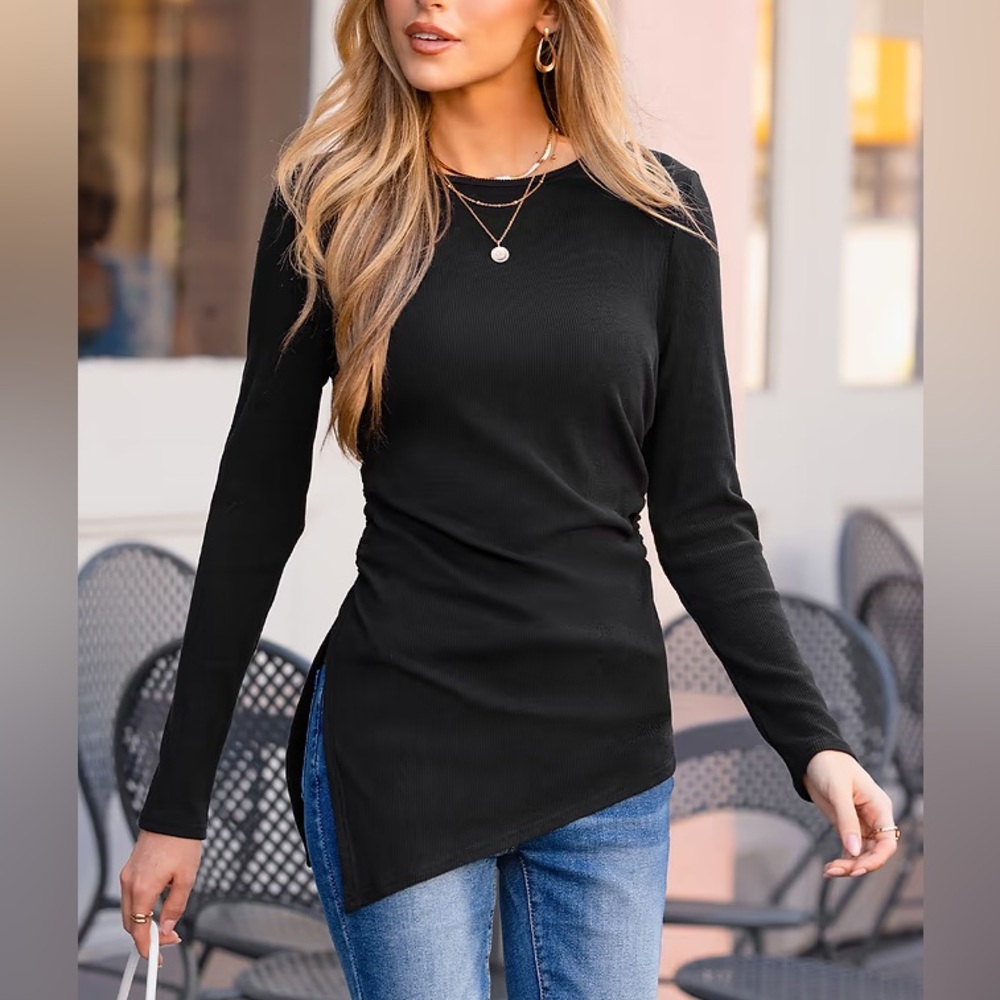 Asymmetric Hem Long-Sleeve Top – Black